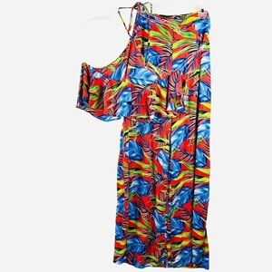 New-shop17 Two Pc Set Tropical Multi color, Ruffled Top Wide Leg Neck Tie Pants